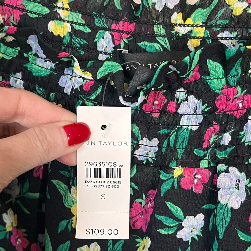 NWT ANN TAYLOR Black Floral Tiered Midi Skirt Size S Elastic Waist - Picture 5 of 5